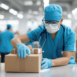 A man wearing medical clothes, gloves, a stethoscope and a face mask assembles medical materials in a box